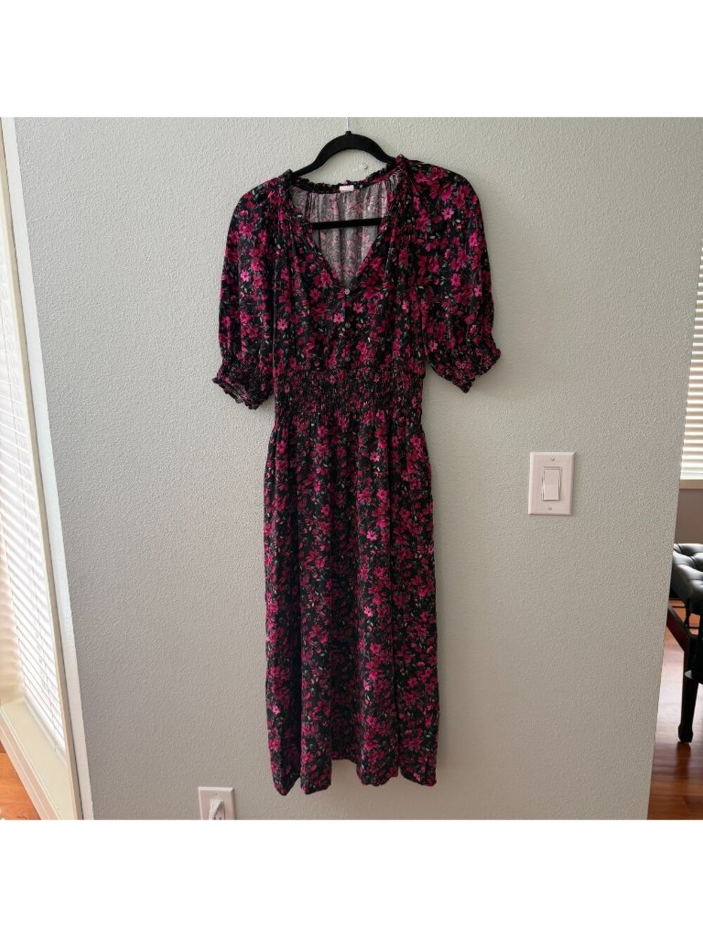 Gap Midi Puff Sleeve Dress Womens MEDIUM Black Pink Modest Peasant Boho